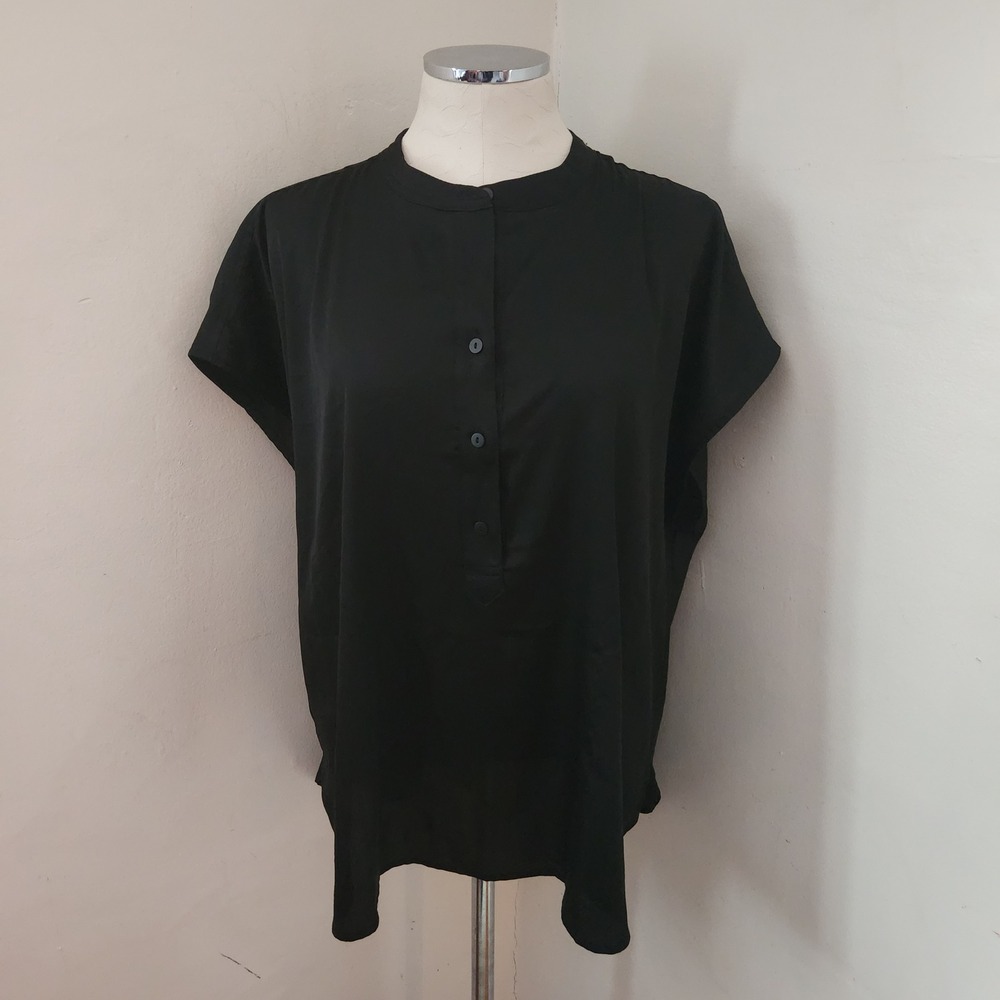 Worthington Black Band Collar Button Front Short Sleeve Tunic Top‎ Women's XL